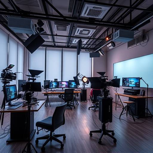 Interior of Stellaris Studios, showcasing editing workstations and filming equipment.