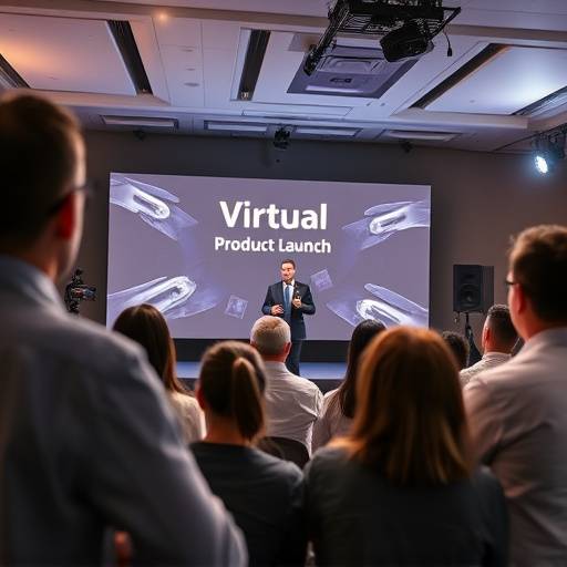Live streaming setup for a virtual product launch event, showing presenters and audience interaction.