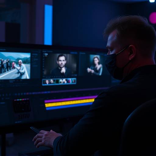 Video editor at Stellaris Studios working on a complex timeline in Adobe Premiere Pro.